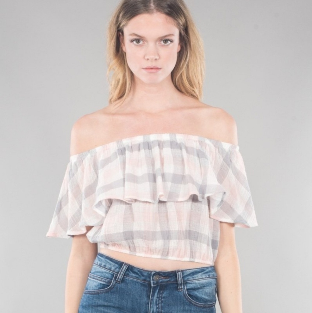 Nu Label Pink And Gray Off The Shoulder Crop Top